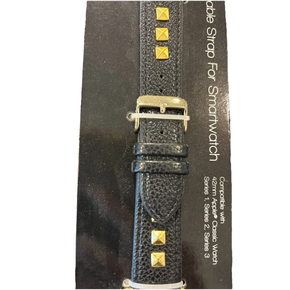 I.N.C. Women Black Faux Leather Gold‎ Trim 42mm Apple Watch Band Strap Wristband